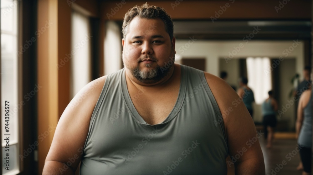 A man with a large belly standing in a gym. Generative AI.