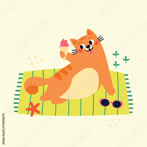 Funny red cat is relaxing on a towel on the beach with ice cream, a starfish and sunglasses. Happy cat character. Summer vacation time. Vector Hand drawn cartoon flat illustration.