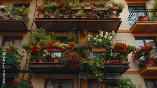 balconies of a building with many hanging baskets of flowers  in the style of bold color usage