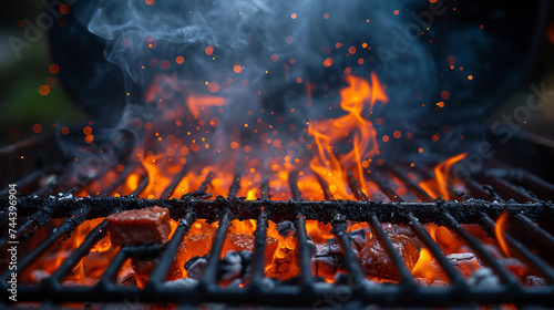 Hot Orange Flames and Smoke Rising from a Charcoal Grill, Barbecue Concept with Fiery Grill, Grilling Season Background, Outdoor Cooking Scene, BBQ Flames and Smoke, Generative AI