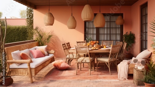 Bohemian-inspired Outdoor Dining Area with Soft Terracotta Walls and Nomadic Flair Create a bohemian-inspired outdoor dining area with soft terracotta walls