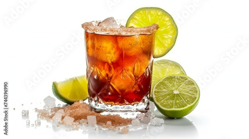 Glass with Cocktail Sugar on the Sides and Lime Isolated on White Background, Refreshing Drink with Lime Slice, Bar Cocktail Concept, Glassware for Mixology, Beverage Presentation, Generative AI

