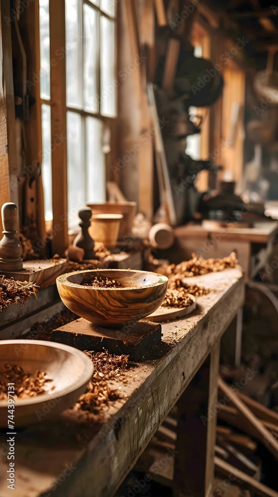 a wooden table topped with a bowl of wood shavings a wooden table topped with a bowl of wood shavings