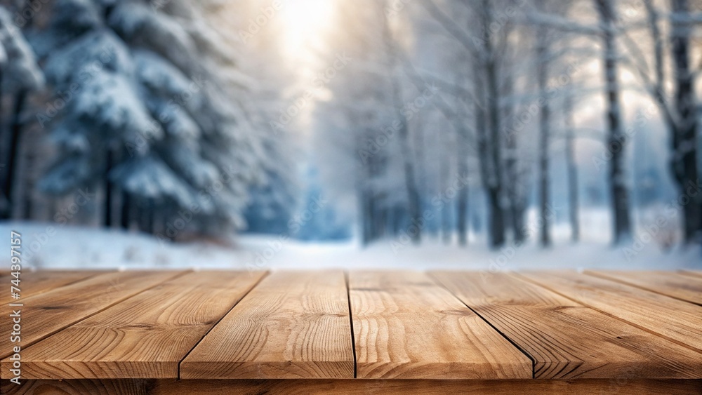 Empty wooden table with winter background
