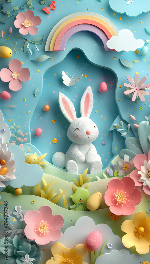 Fantasy Paper-Cut Easter Bunny in the Clouds