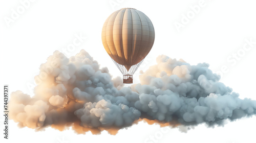Animated hot air balloon floating among fluffy clouds.