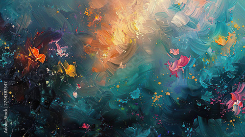 Abstract Spring Oil Painting With Blooming Flowers and Sun Background