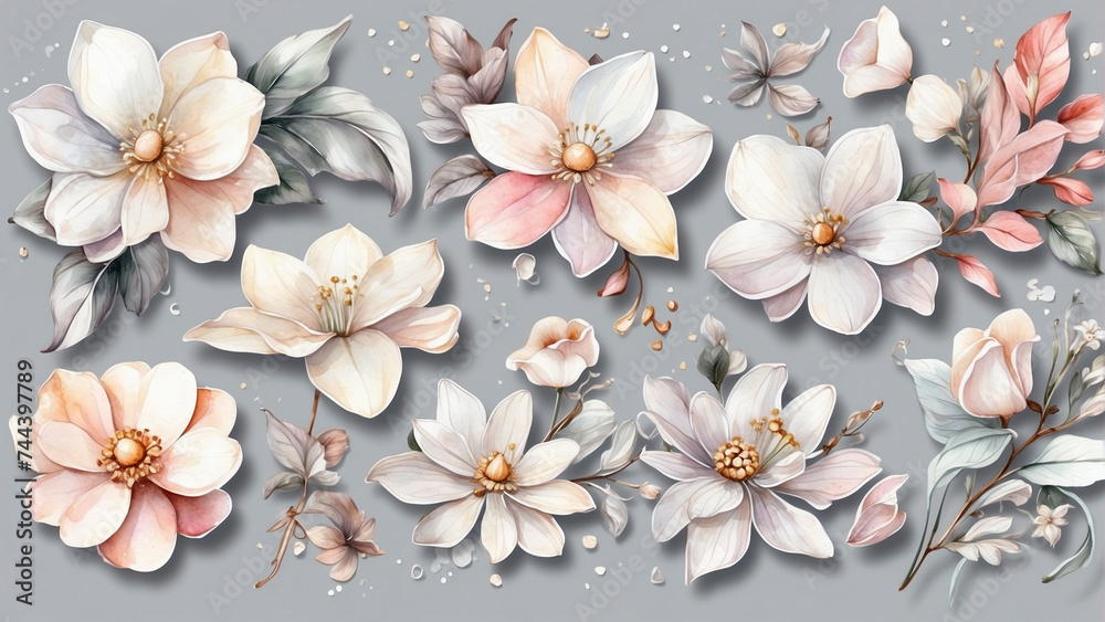 Beautiful watercolor magnolia, trillium forest  flowers on gray background. Digital illustration. Wedding design elements