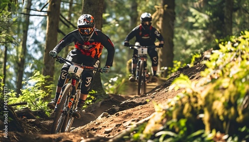 a couple of people riding bikes on a dirt trail