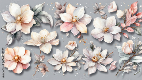 Beautiful watercolor magnolia  trillium forest  flowers on gray background. Digital illustration. Wedding design elements