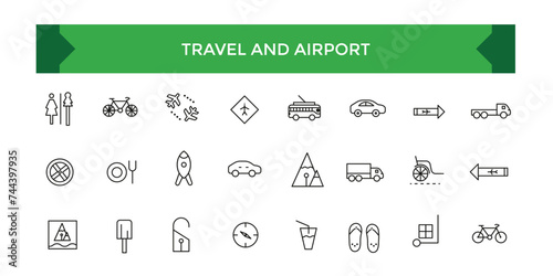 Travel and Airport icon set. Linear icon collection. Editable stroke. Vector illustration.