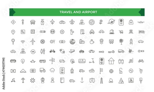 Travel and Airport icon set. Linear icon collection. Editable stroke. Vector illustration.