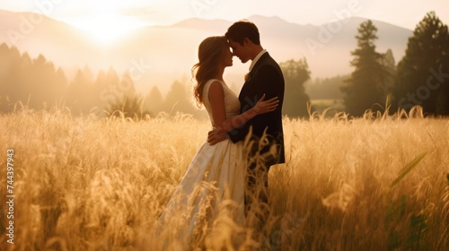 A beautiful young couple of Newlyweds  an elegant groom in a black suit and a Bride in a long white dress hug  kiss in a golden field at dawn. Nature  Wedding  Lovers  Love concepts.