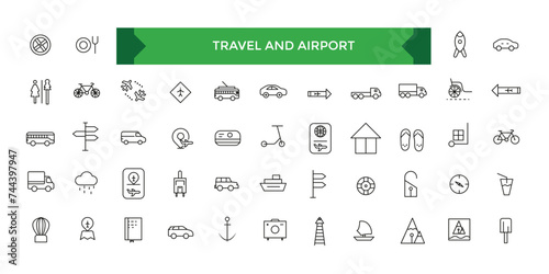 Travel and Airport icon set. Linear icon collection. Editable stroke. Vector illustration.