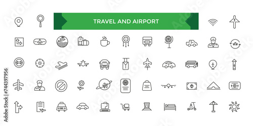 Travel and Airport icon set. Linear icon collection. Editable stroke. Vector illustration.