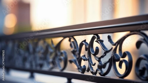 Closeup of a ornate wrought iron balcony railing on a contemporary highrise. photo