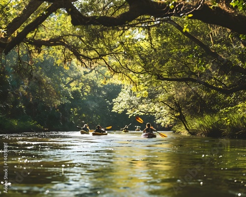 a group of people in kayaks paddling down a river
