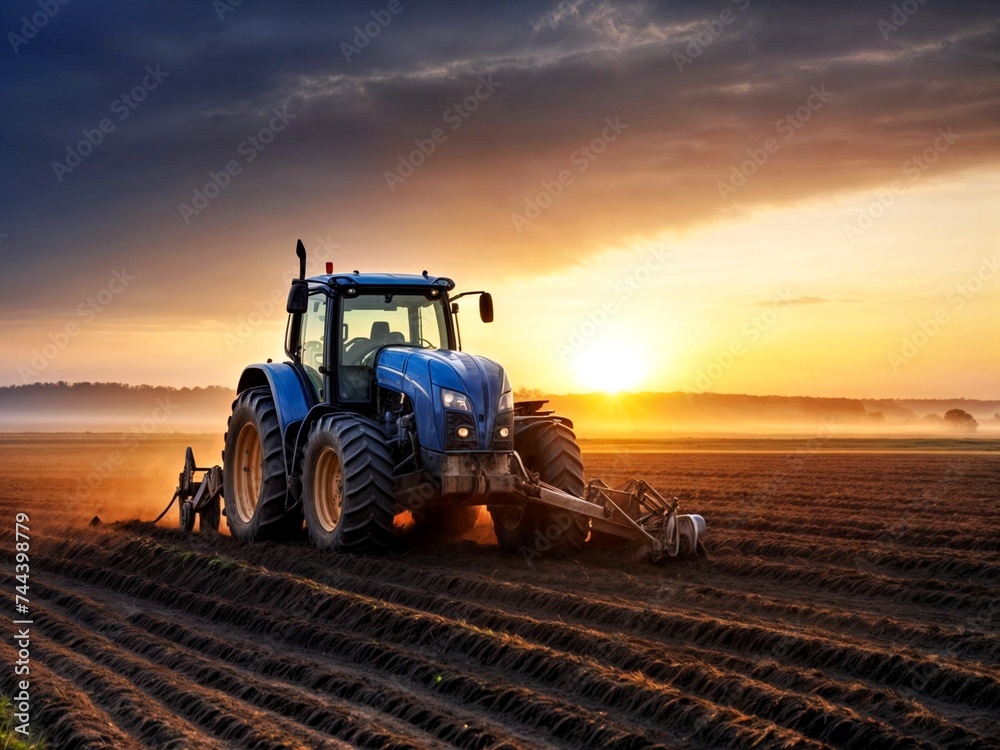 Fototapeta premium A modern tractor plows a field at dawn.
