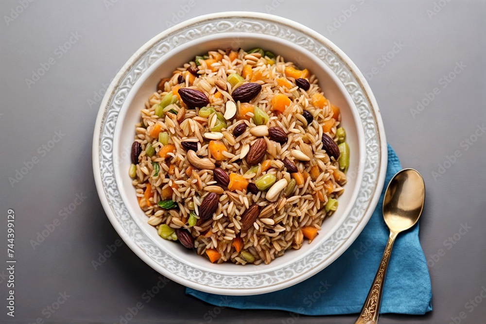A bowl of rice kashmiri pulao or pilat with nuts and dry fruits. The dish appears to be a healthy meal or snack, with various types of nuts mixed in among the rice A bowl of rice kashmiri pulao or pilat with nuts and dry fruits. The dish appears to be a healthy meal or snack, with various types of nuts mixed in among the rice