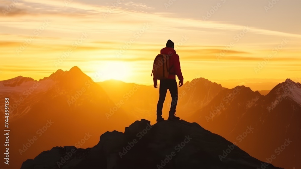 Silhouette of a champion on mountain top. Travel and adventure. Mountain hiking.