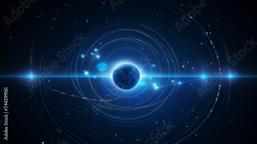 Dark blue vector background. Planet Earth. Abstract technological rings in the orbit of the planet. Global communication system and communication satellites. Religious image. The effect of movement.