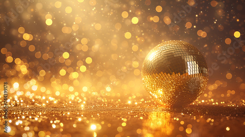 Golden Shiny Disco Ball with Lights, Shiny Glowing Party Decoration, Sparkling Nightclub Atmosphere, Dance Floor Illumination, Celebration Concept, Generative AI

