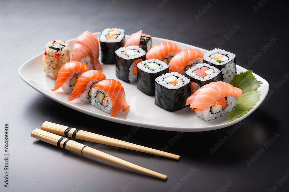 A plate of assorted sushi rolls and chopsticks on a black table A plate of assorted sushi rolls and chopsticks on a black table