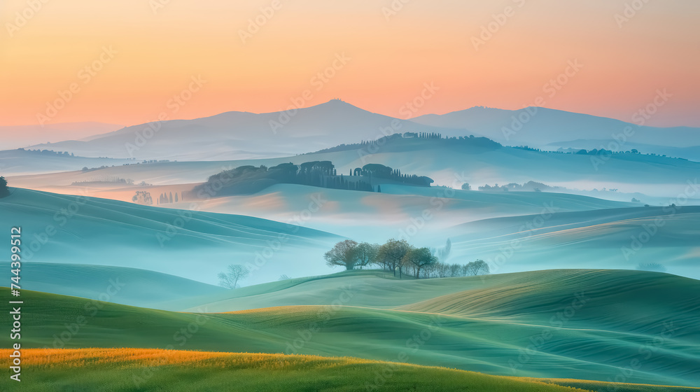 Obraz premium A serene landscape of rolling hills, accented with gentle morning mist