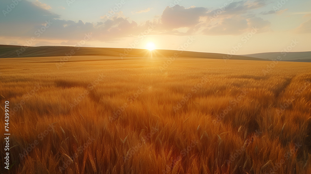 Golden Wheat Field Basking in Sunlight Agriculture Scene, Rural Farming Landscape with Wheat Crop, Harvest Season in Countryside, Natural Beauty of Farm Fields, Generative AI


