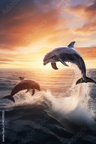 Dolphin jumping out of the water on sunset background