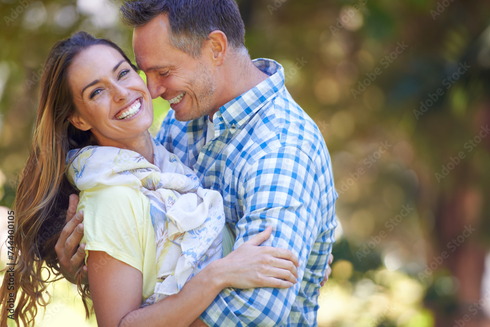 Couple, portrait and bonding with love in garden together, hug and romance for relationship with commitment. Man, woman and affection for dating with care, happy and spouse for comfort in nature Couple, portrait and bonding with love in garden together, hug and romance for relationship with commitment. Man, woman and affection for dating with care, happy and spouse for comfort in nature