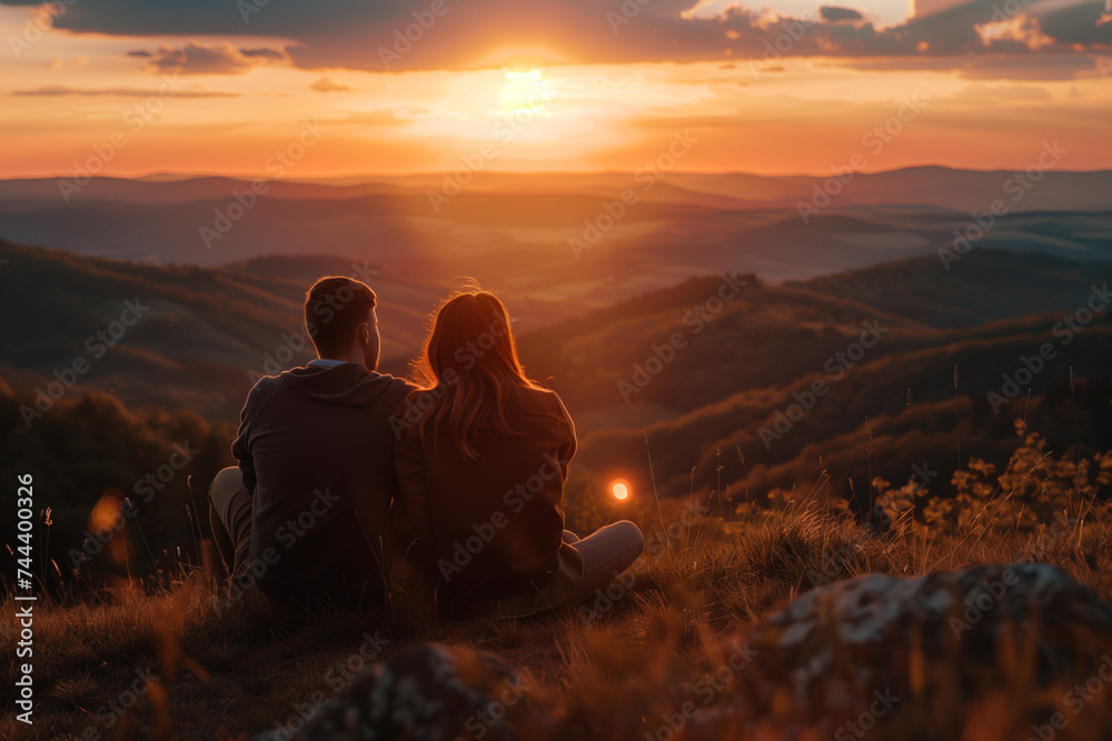 silhouette of a couple sitting on a hill at sunset