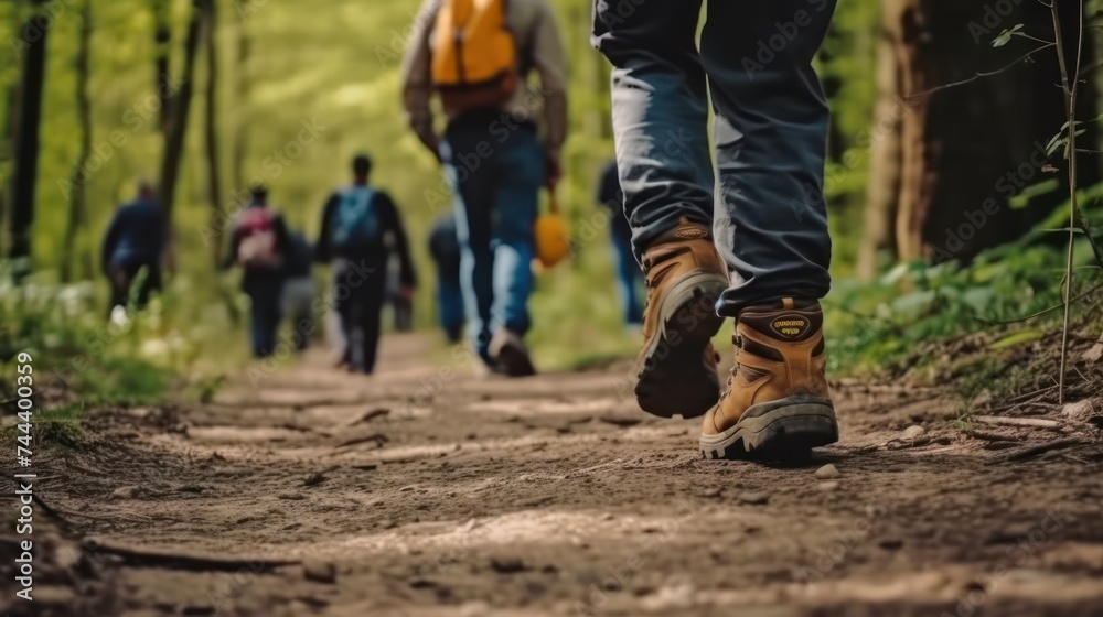 shoes of people trekking in wood and walking in row