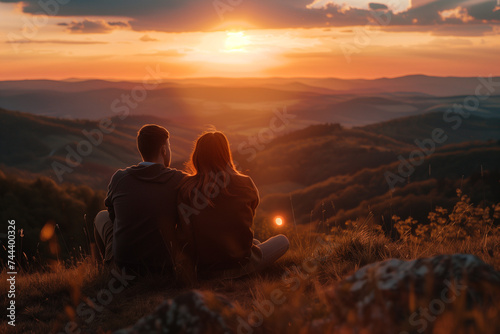 silhouette of a couple sitting on a hill at sunset