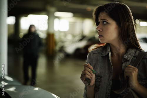 Photos Female person, suspicious and parking lot with anxiety, worried and stressed for safety and concern