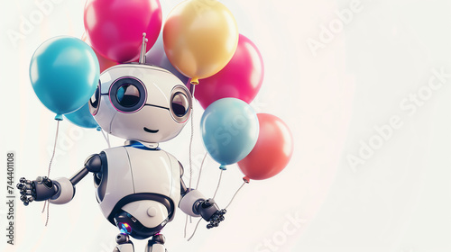 Friendly robot holding a bunch of colorful balloons.