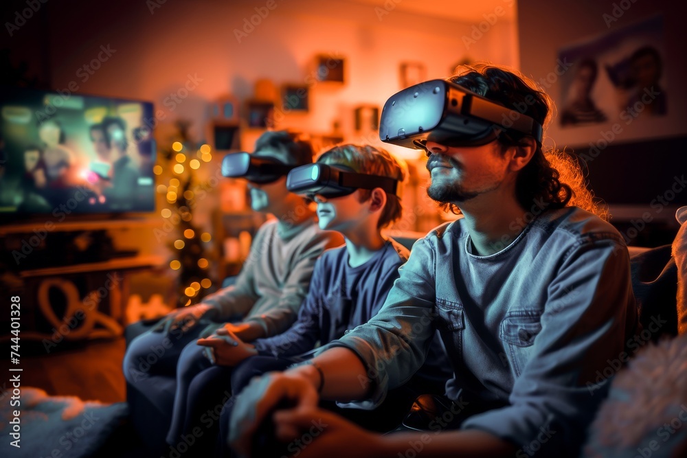 A group of friends enjoying a virtual reality gaming session in a cozy living room setting at night.