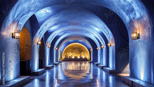 A serene and beautifully illuminated blue tunnel interior with arches and water reflections creating a tranquil ambiance.