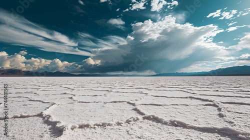 a vast expanse of white sand with mountains in the background