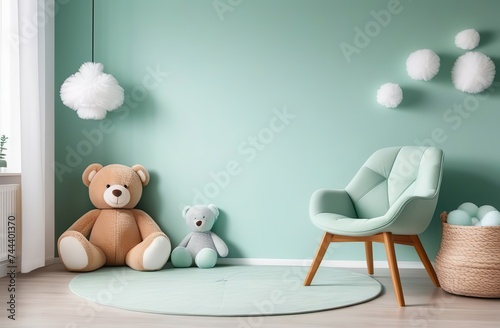 Stylish scandinavian kid room with toys, teddy bear, plush animal toys, mint armchair, umbrella, cotton balls. Modern interior with eucalyptus background walls, Design interior of childroom. Template photo