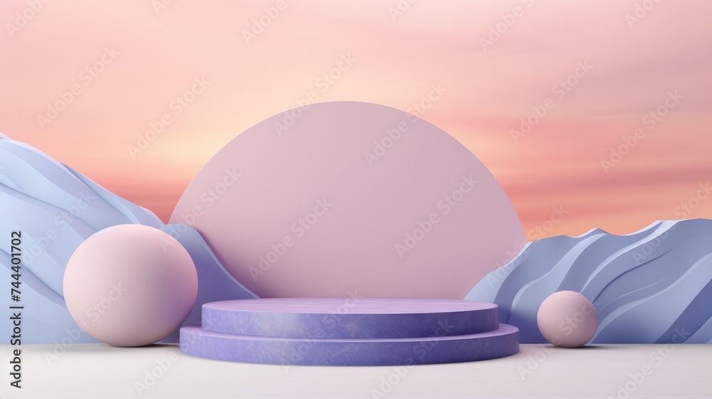 Fototapeta premium Soft pastel podiums with spherical accents for showcasing products.