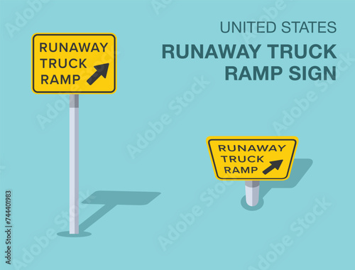 Traffic regulation rules. Isolated United States runaway truck ramp sign. Front and top view. Flat vector illustration template.