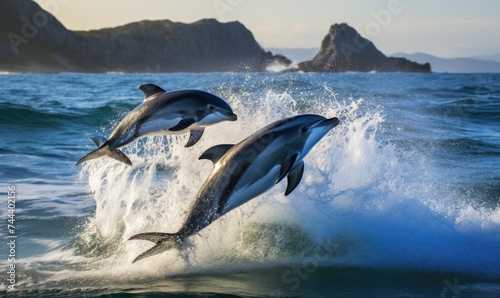 Three Dolphins Jumping Out of Water © uhdenis