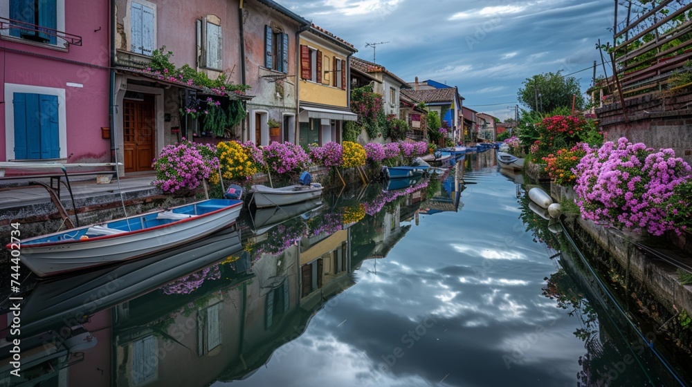 Cesenatico's tranquil canal reflects the colorful facades of traditional fishing shacks, their weathered wooden structures adorned with vibrant flowers