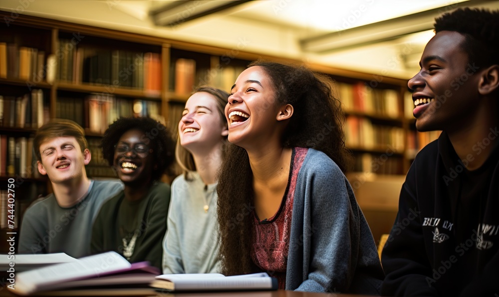 Group of Students Laughing in Library Group of Students Laughing in Library