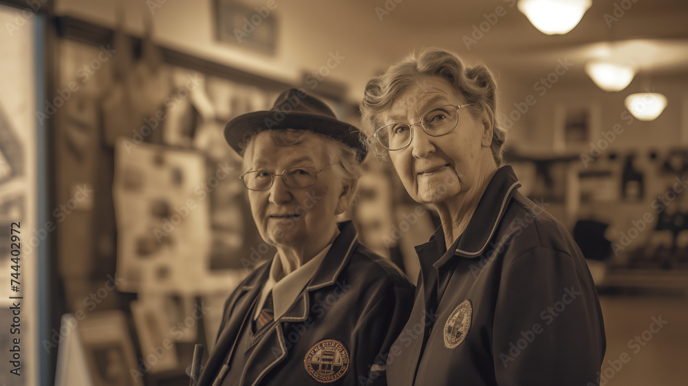 Two elderly women in uniforms with badges are smiling gently at the ...