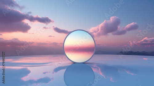 Reflective abstract sphere on a calm sleek surface at dusk. 