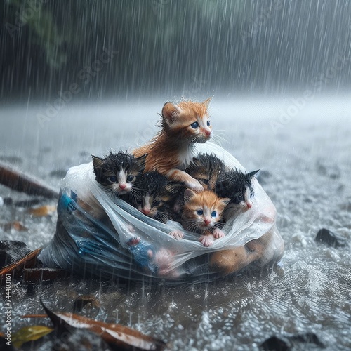 Kittens abandoned in a plastic bag by river in torrential rain