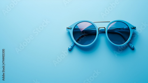 Sunglasses isolated on light blue background, shining brightly in festive illumination. Top view captures the Lunar New Year spirit, igniting joyous celebrations. Generative Ai
