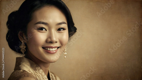 Close-up of an Asian lady's cheerful and inviting smile